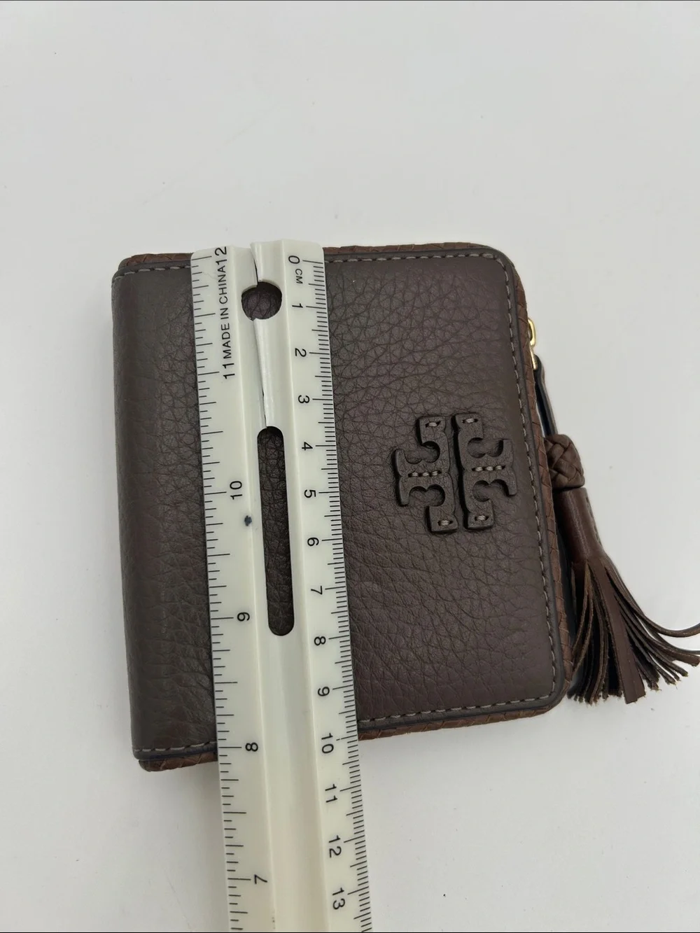 Tory‎ Burch Dark Brown Pebbled Leather Zip Coin Wallet with Tassel